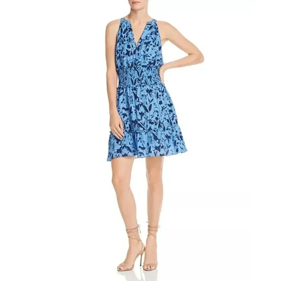 Parker Cambria Blue Black V Neck Floral Print Smocked-Waist Silk Dress Sz S NWT